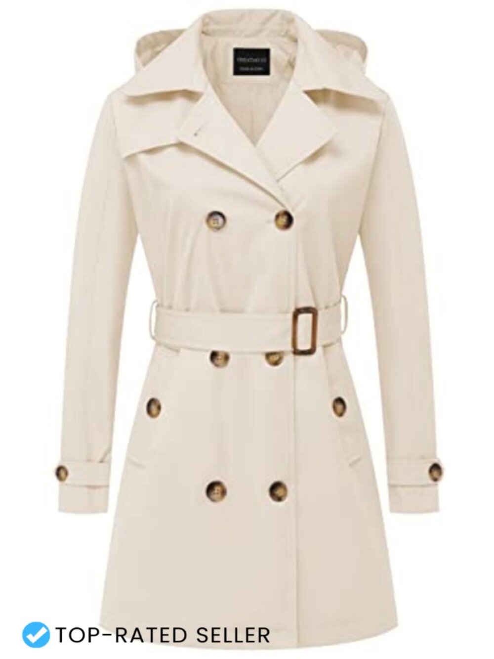 Women's Trench Coat Double-Breasted Belted Slim Fit Water-Resistant Detachable